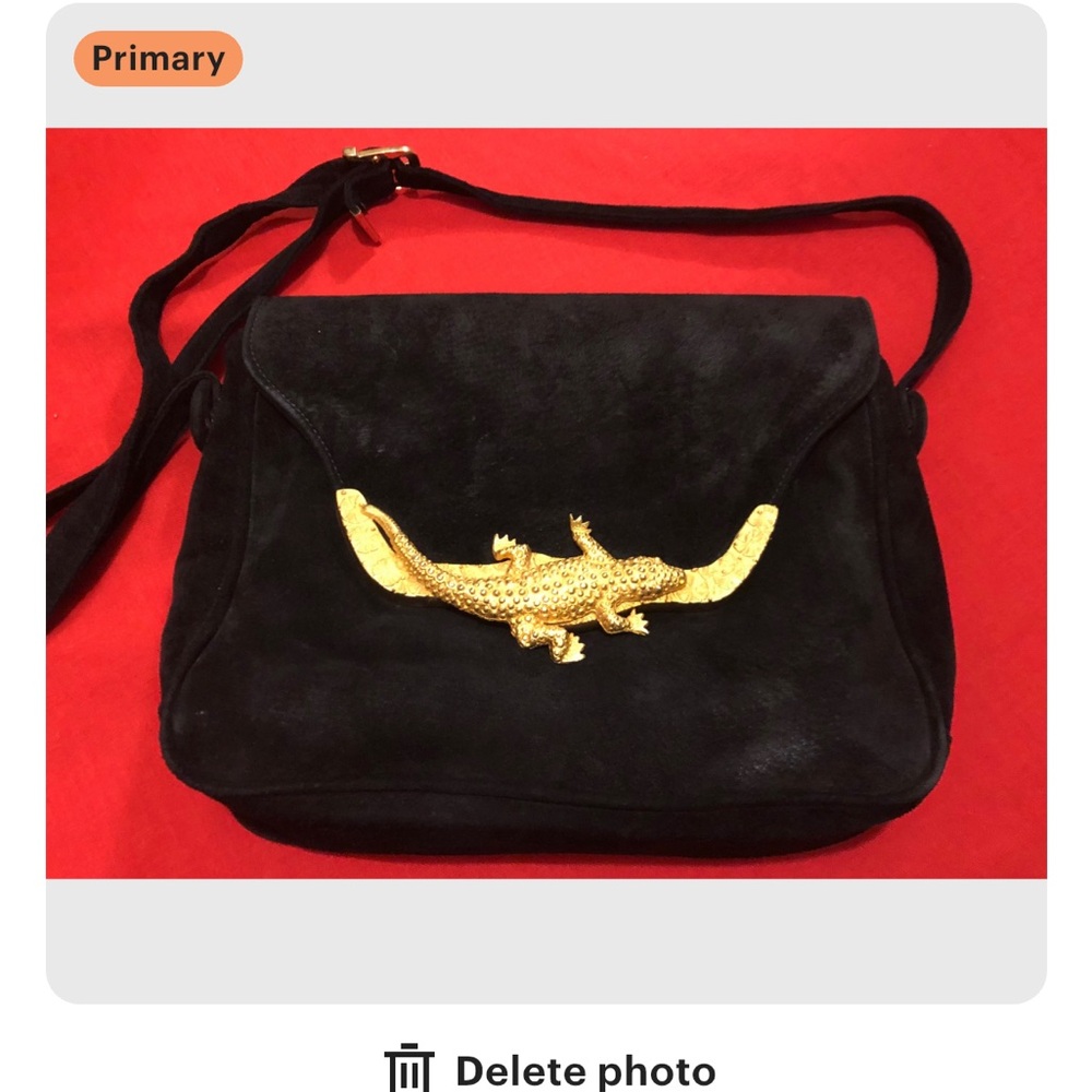 Vintage Black Suede Leather Luxe Shoulder Bag W Large Gold Brass Lizard Accent